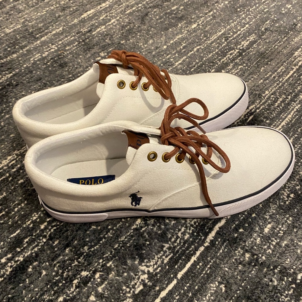 White Ralph Lauren Keaton Canvas Sneaker with tawny brown laces.